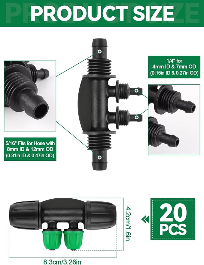 Kalolary 20PCS Locked Barbed Tee Connectors, 5/16" to 1/4" Drip Irrigation Fittings Kit 8/12mm to 4/7mm Tube Lock Female Connector 4-Way Barbed Lock Irrigation Parts for Watering System (Black Green)