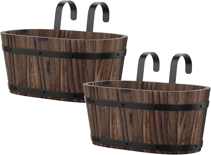 2-Pack Wooden Railing Planters, 13.2 inch Hanging Flower Pots with Detachable Hooks for Balcony, Fence, Deck, Garden, Country Home Decor -Carbonized