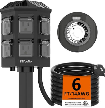 TiFFCOFiO Outdoor Power Strip Waterproof, 24 Hour Mechanical Timer, 6 ft Extension Cord, 6 Grounded Outlets for Outdoor Lights, ETL Listed (6 FT)