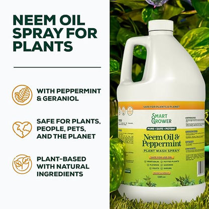 Neem Oil Spray for Plants with Peppermint Oil, Natural Plant Wash Made for Indoor and Outdoor Plants Smart Grower 128oz Gallon Refill Ready to Use Spray