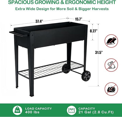 31.5" Tall Raised Garden Bed with Wheels, Extra 15.7" W Planter Box (400 lbs Loads) with Storage Shelf & Handle,Heavy Duty Metal Garden Planter for Vegetables, Herbs & Flowers, Patio & Balcony