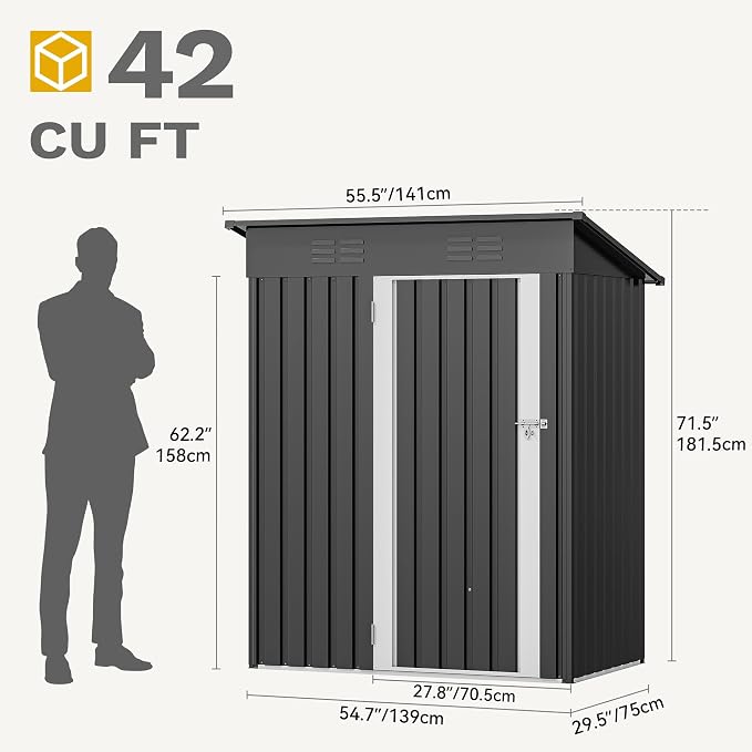DWVO Metal Outdoor Storage Shed 5x3ft, Lockable Tool Sheds Storage with Air Vent for Garden, Patio, Lawn to Store Garbage Can, Lawnmower, Dark Gray