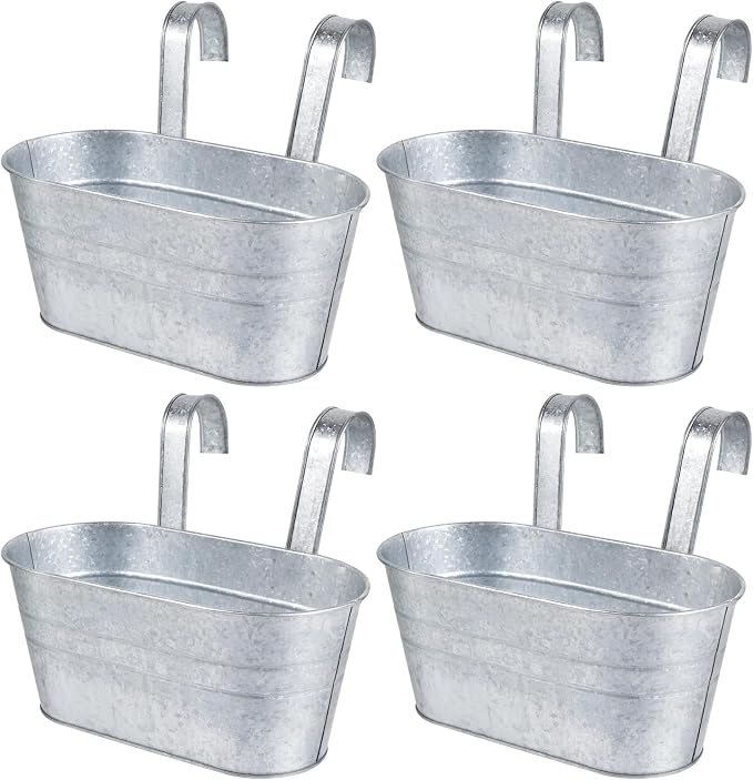 OBTANIM 4 Pack Metal Hanging Flower Pots Iron Railing Planter Outdoor Fence Hanging Pots Bucket Plant Holder with Detachable Hooks Drain Holes for Home Garden Yard Decor (Silvery)