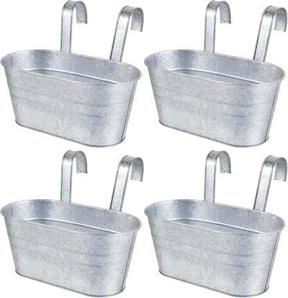 OBTANIM 4 Pack Metal Hanging Flower Pots Iron Railing Planter Outdoor Fence Hanging Pots Bucket Plant Holder with Detachable Hooks Drain Holes for Home Garden Yard Decor (Silvery)