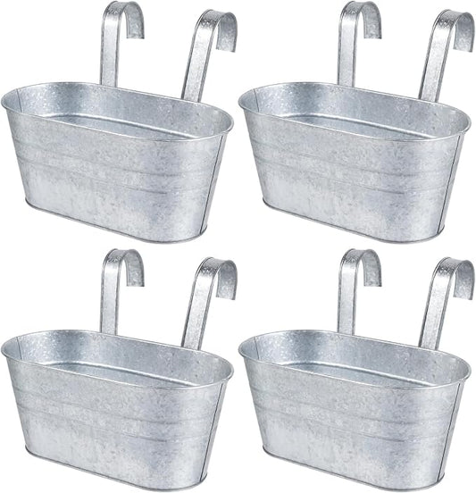 OBTANIM 4 Pack Metal Hanging Flower Pots Iron Railing Planter Outdoor Fence Hanging Pots Bucket Plant Holder with Detachable Hooks Drain Holes for Home Garden Yard Decor (Silvery)