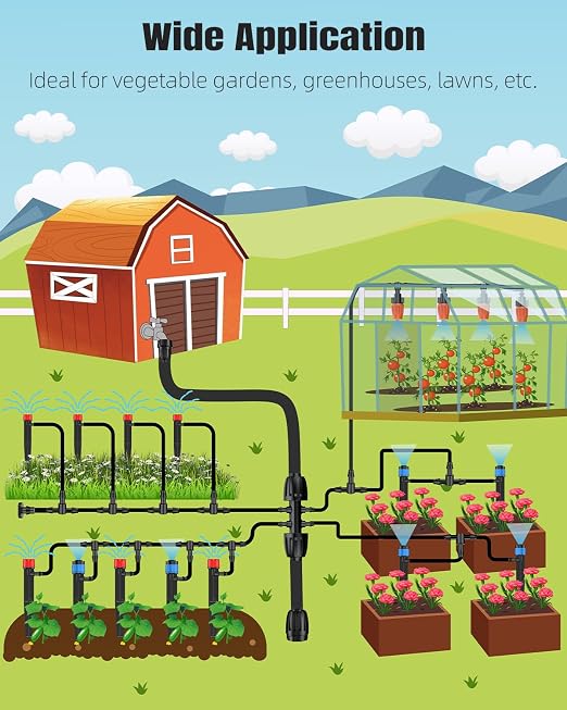Pawfly Drip Irrigation System for Garden, 240FT Drip Irrigation Kit with 1/2" & 1/4" Tubing Adjustable Emitters Fittings and Accessories, Garden Watering System for Garden Greenhouse Lawn Yard