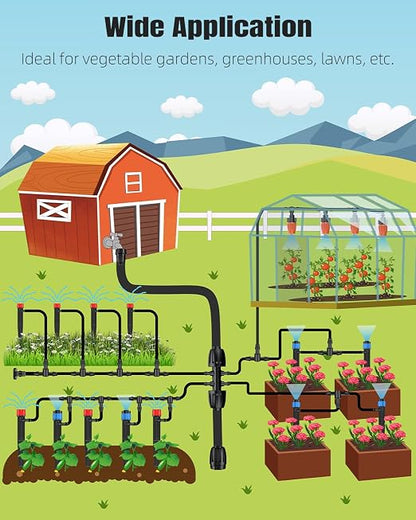 Pawfly Drip Irrigation System for Garden, 240FT Drip Irrigation Kit with 1/2" & 1/4" Tubing Adjustable Emitters Fittings and Accessories, Garden Watering System for Garden Greenhouse Lawn Yard