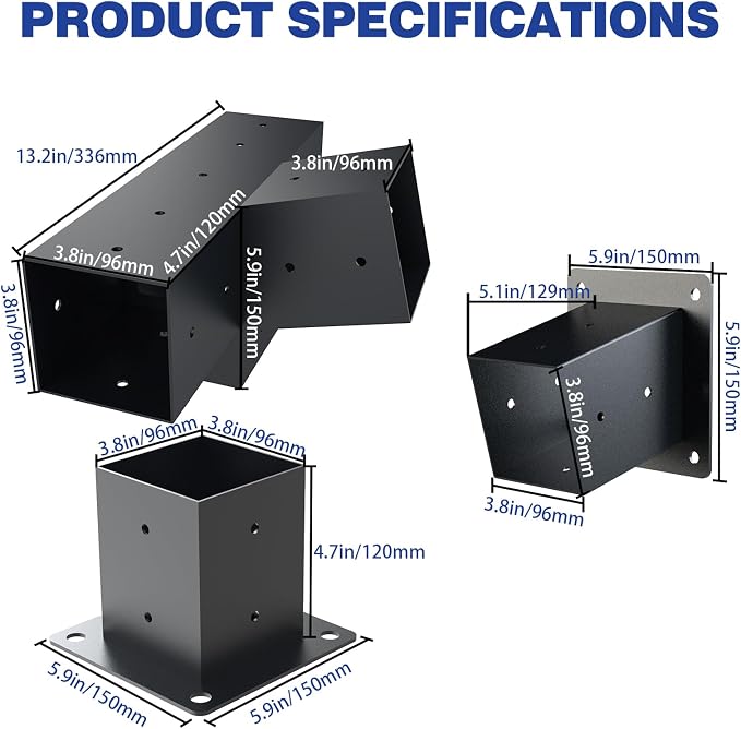 Pergola Kit, 15° 4-Way Slanted Roof Pergola Bracket Set, PowderCoated Roof Wall Mount Pergola Brackets 4" x 4" (Actual: 3.5x3.5 Inch), Pergola Hardware for Porch Gazebo Backyard (3 pcs), Black