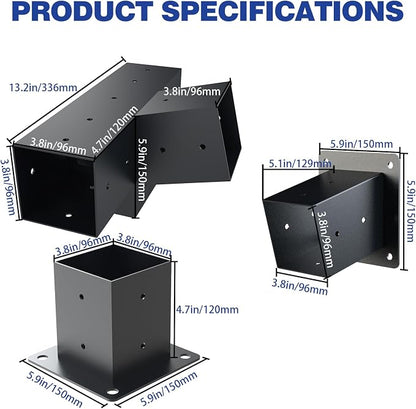 Pergola Kit, 15° 4-Way Slanted Roof Pergola Bracket Set, PowderCoated Roof Wall Mount Pergola Brackets 4" x 4" (Actual: 3.5x3.5 Inch), Pergola Hardware for Porch Gazebo Backyard (3 pcs), Black