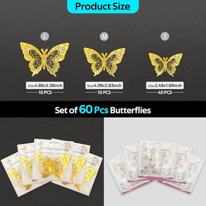 60 Pcs Butterfly Wall Decals - 3D Gold Butterflies Removable Mural Wall Stickers for Home Room Office Bedroom Decorations