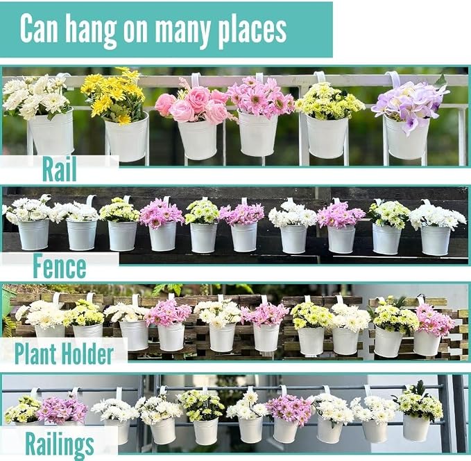 LaLaGreen Rail Planter (4 in, 10 Pack) White Metal Railing Flower Pots | Balcony railing planters for apartment, patio, porch, deck, fence, herb, succulent, flower boxes, outdoor plants