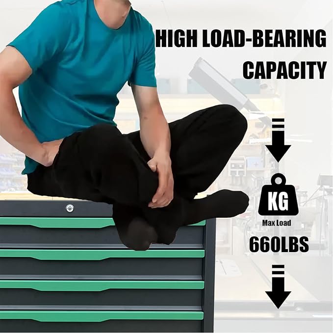 7-Drawer Tool Chest with Wood Top, 31.3W x 18.9D x 32.3H inches, Black and Green，Locking Rolling Tool Box with Wheels,Mechanic Tool Cabinets for Garage, Warehouse,Repair Shop(7 Drawers)