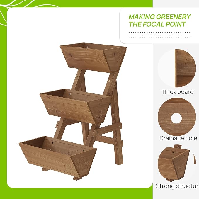 3-Tiers Wooden Raised Garden Bed Tiered Planter Box Flower Pots Vertical Garden Planter Wood Plant Stand for Vegetables Flowers Herbs for Patio, Balcony, Freestanding (Brown S)