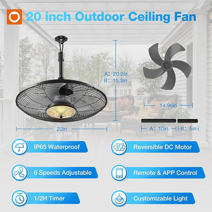 addlon Outdoor Ceiling Fan with Light for Patios, 20" IP65 Waterproof Gazebo Fan Remote&APP Control, 6 Speeds, 3CCT Dimmable, Plug in Ceiling Fan with Hook Hanging Caged Fan for Pergola Porch Canopy