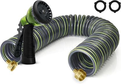 Coil Hose 75FT EVA Coil Garden Hose With 3/4'' Brass Connector Coiled Water Hose Lightweight And No Kink Includes 7 Patterns Spray Nozzle For Outdoors Lawn Watering Car Washing