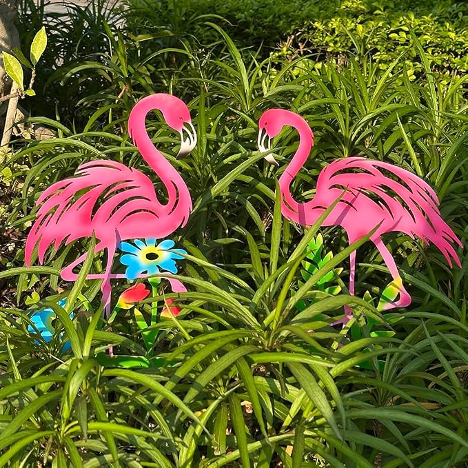 2 Pack Pink Flamingo Garden Statue - 20.5 inch Hand Flamingo Painted Metal Patio Art, Outdoor Decorative Stake Flamingo Statue for Lawn, Patio, Porch and Backyard, Gifts for Ladies (A Style 2 Pack)