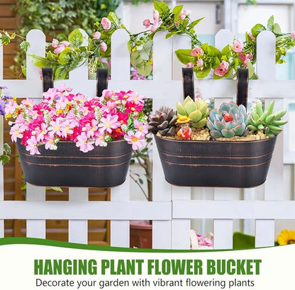 OBTANIM 4 Pack Metal Hanging Flower Pots Iron Railing Planter Outdoor Fence Hanging Pots Bucket Plant Holder with Detachable Hooks Drain Holes for Home Garden Yard Decor (Black)