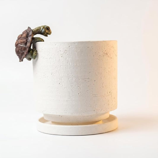Nihow Ceramic Plant Pot with Resin Figure/Drainage Hole & Saucer,5.7 Inch | White, Cylinder Planters, Art Modem Design, Home Garden Patio Office