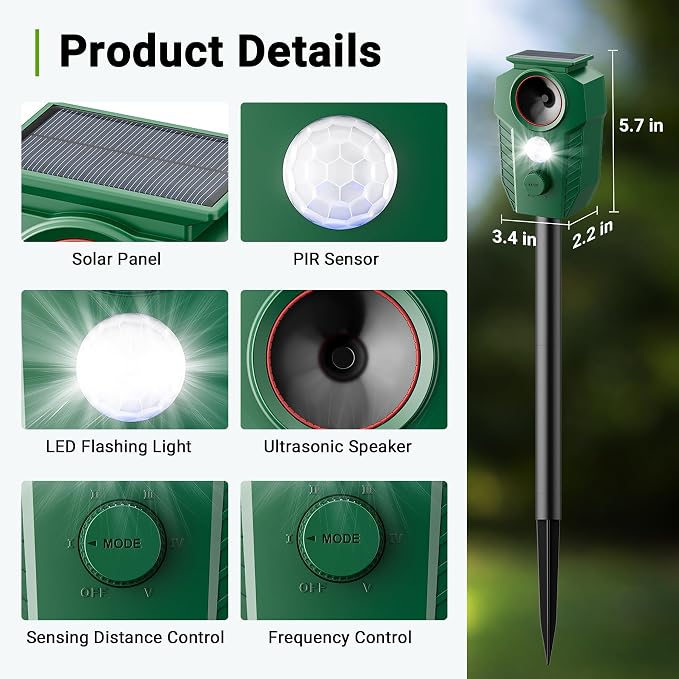 4 Pack Solar Ultrasonic Animal Repellent, 2.4GHz Wireless Synchronized Mesh Linked System, Deer Repellent Devices Motion Activated Cat & Raccoon Deterrent for Yard Garden, IP65 Waterproof LED Light