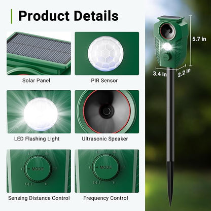 4 Pack Solar Ultrasonic Animal Repellent, 2.4GHz Wireless Synchronized Mesh Linked System, Deer Repellent Devices Motion Activated Cat & Raccoon Deterrent for Yard Garden, IP65 Waterproof LED Light