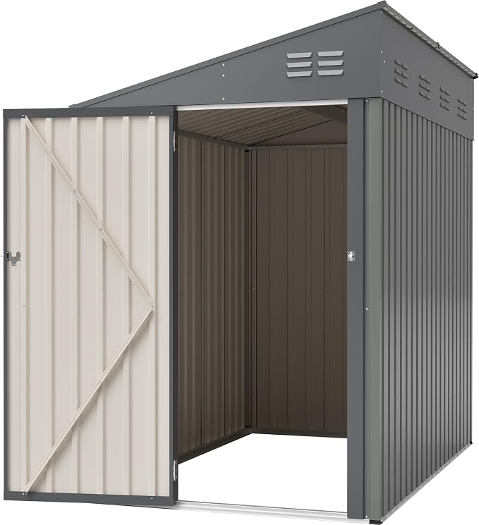 YOPTO 4x7 FT Lean to Storage Shed, Outdoor Metal Wall Side Storage Sheds with Lockable Door,Small Garden Tool Shed for Backayrd, Patio,Lawn,Easy Assembly,Gray