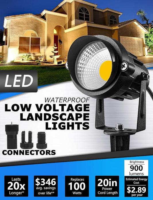 SUNVIE 12W Low Voltage LED Landscape Lights with Connectors, Outdoor 12V Super Warm White (900LM) Waterproof Garden Pathway Lights Wall Tree Flag Spotlights with Spike Stand (10 Pack with Connector)