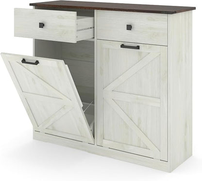 Ball & Cast Double Tilt Out Trash Cabinet for 20 Gallon Trash Cans, Farmhouse Barn Door Style with 2 Hideaway Drawers, Hidden Garbage & Recycling Center for Kitchen, Laundry Room (Antique White)