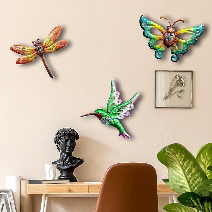 YNGFIL Hummingbird Butterfly Dragonfly Metal Wall Art Decor, Wall Sculpture Decoration Hanging for Home Living Room Bedroom Garden Porch Patio Balcony Ornament for Indoor Outdoor, 3 pack 9 inch