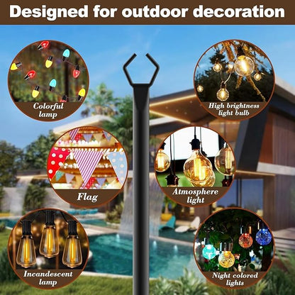AILBTON 10Ft String Light Poles 10 Pack,Light Poles for Outside Lights,Outdoor with Fence Brackets Hanging Lights,Metal Stand Deck Patio Backyard