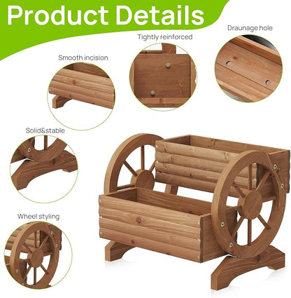 Wooden Wagon Planter Outdoor Flower Cart with Wheels Garden Planter, Decor Planter for Patio Decoration Succulent Flower Pot for Indoor Backyard Yard Decor Porch Balcony Planters (Brown, Medium)