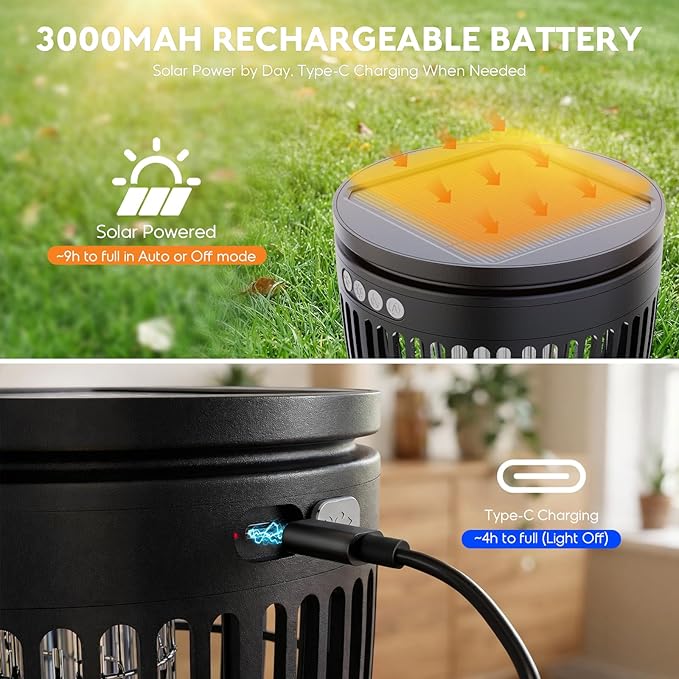 Solar Bug Zapper Outdoor, Mosquito Zapper with Flame Light, RGB Projector | 4200V Electric Grid, Solar & USB Charging, Smart Auto Mode, IP65 Waterproof Mosquito Zapper for Patios Gardens Camping Yards