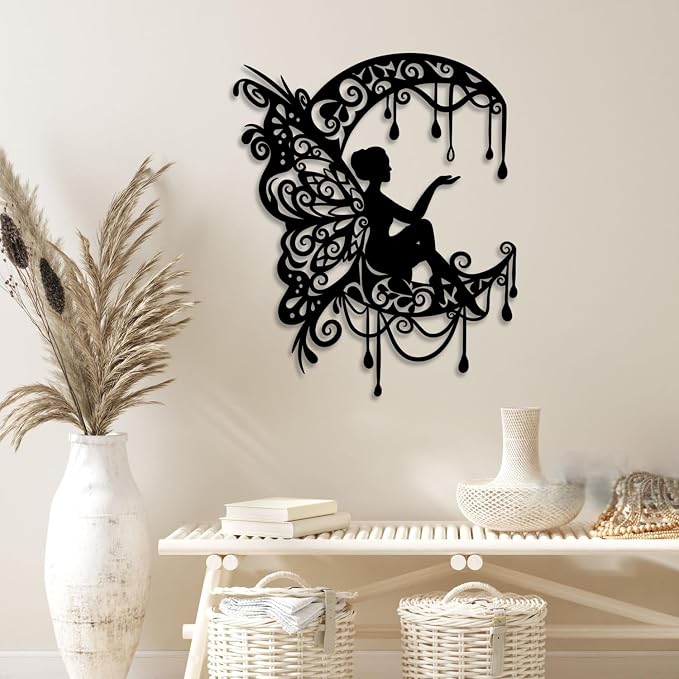 LIYOUYA Moon Flower Fairy Metal Wall Decor - Rustic Farmhouse Room Decor Black Wall Art Home Decor for Living Room, Bedroom, Outdoor (Black)