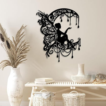 LIYOUYA Moon Flower Fairy Metal Wall Decor - Rustic Farmhouse Room Decor Black Wall Art Home Decor for Living Room, Bedroom, Outdoor (Black)