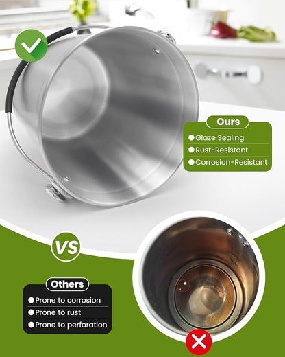 Countertop Compost Bin Kitchen Stainless Steel 1.3 Gallon with Lid, 2 Charcoal Filter for Odorless Composting, Soft-Grip Handle