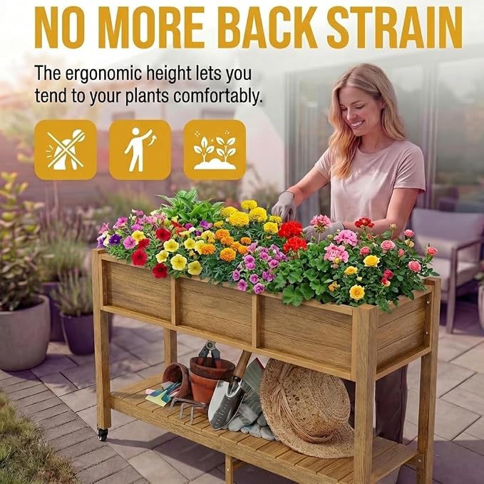 DWVO 47x18x31in Raised Garden Bed Outdoor HDPE with Legs and Lockable Wheels, Weather-Resistant Poly-Wood Elevated Planter Box, Herb Garden Bed for Backyard Patio Balcony, Brown