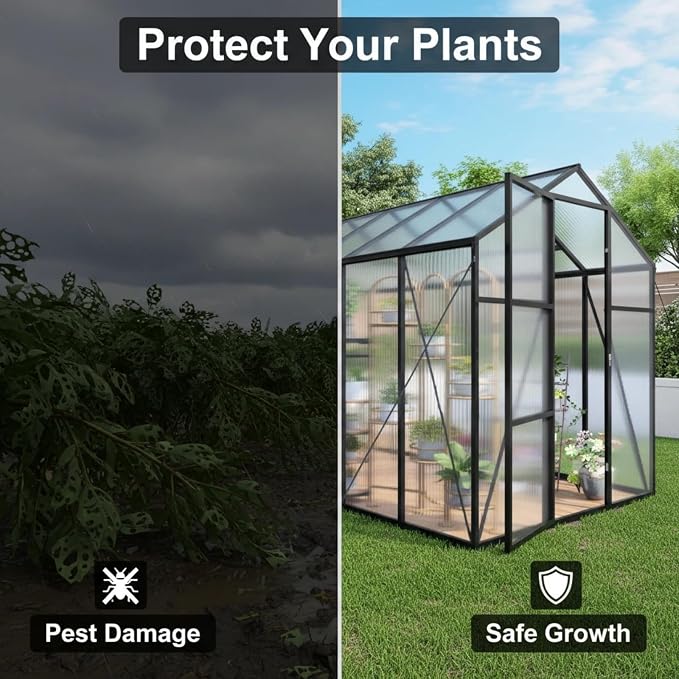 6x14 FT Greenhouse, Walk-in Outdoor Polycarbonate Garden Greenhouses with Aluminum Frame, 4mm PC Panels, Adjustable Roof Vents & Lockable Hinged Door for Backyard Growing, Black