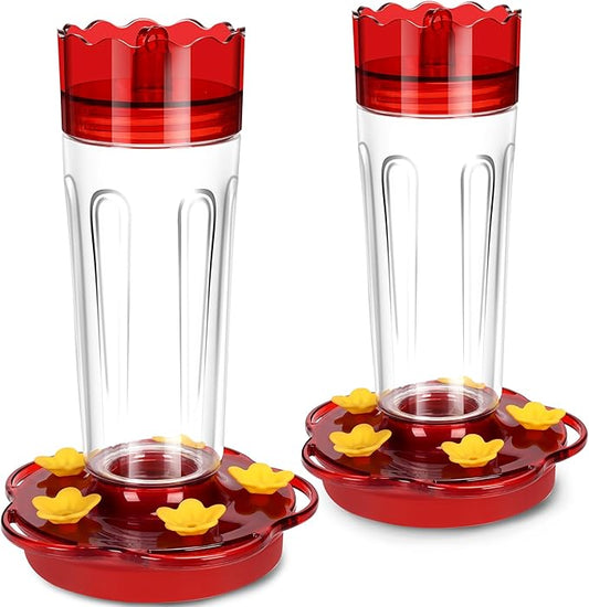2 Pack Glass Hummingbird Feeders for Outdoors Hanging Ant and Bee Proof,15 Ounces Red Hummingbird Feeder with 5 Feeding Ports and Perches, Built-in Ant Moat, Outside Garden Décor (Glass, 2)