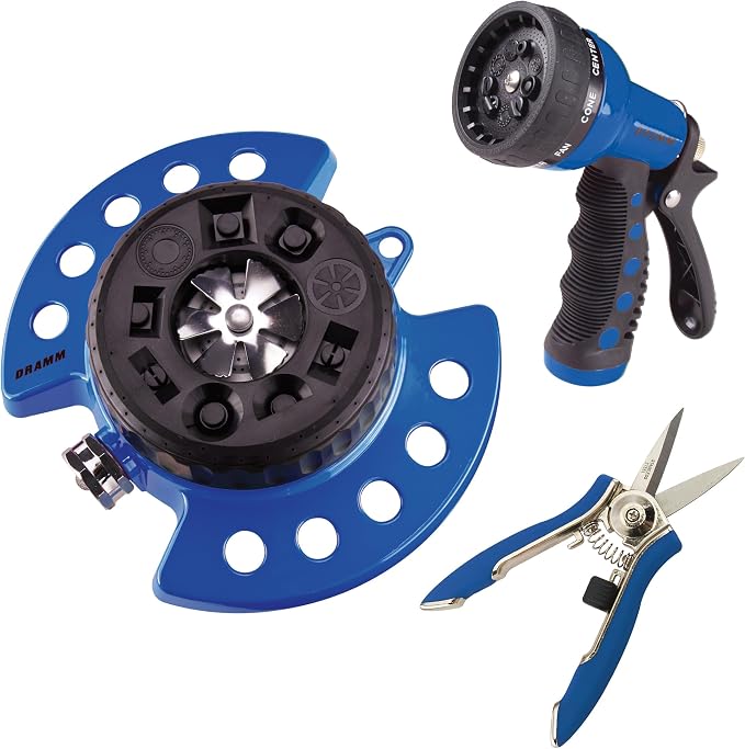 DRAMM Watering and Tool Set Includes 9-Pattern Revolver Spray Gun, 9-Pattern ColorStorm Turret Sprinkler, and Colorpoint Compact Shear, Blue