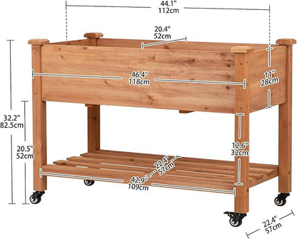 Raised Garden Bed with Lockable Wheels, 48x24x32 inch Elevated Wood Planter with Storage Shelf Protective Liner for Vegetable Flower Herb Outdoor Balcony Patio Backyard, Brown