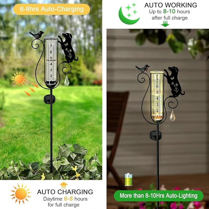 Solar Dog Bird Garden Stake, Outdoor Rain Gauge for Yard Lawn Pathway Decor