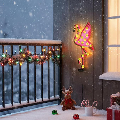 2 Pack Metal Flamingo Outdoor Wall Decor with 30 Led Solar Lights- 23.2" Outdoor Fence Wall Art Decor, Gift for Mom Grandma Women Birthday Gardening,Hanging Decoration for Garden Patio Porch Yard