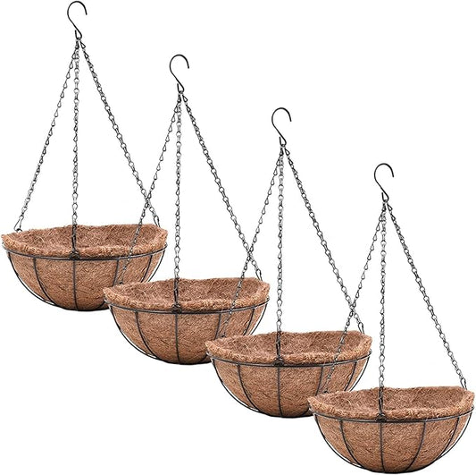 EIMQUVW 4 Pack Hanging Planter Basket Outdoor Large Hanging Flower Pots Indoor 12 inch with Coco Coir Liner Round Wire Plant Holder Chain Hanging Basket Garden for Home Decor Balcony Office1