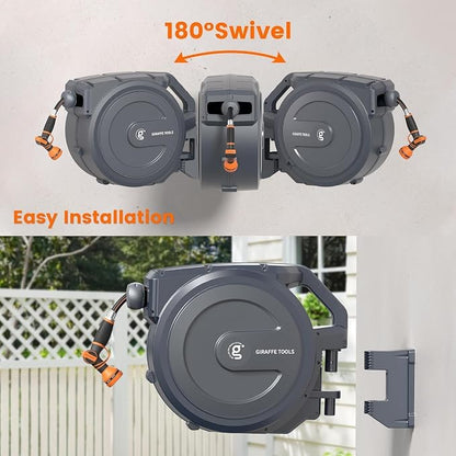 Giraffe Tools Garden Hose Reel 1/2" x 100 ft,Wall Mounted Retractable Water Hose Reel, Automatic Rewind & Lock at Any Length