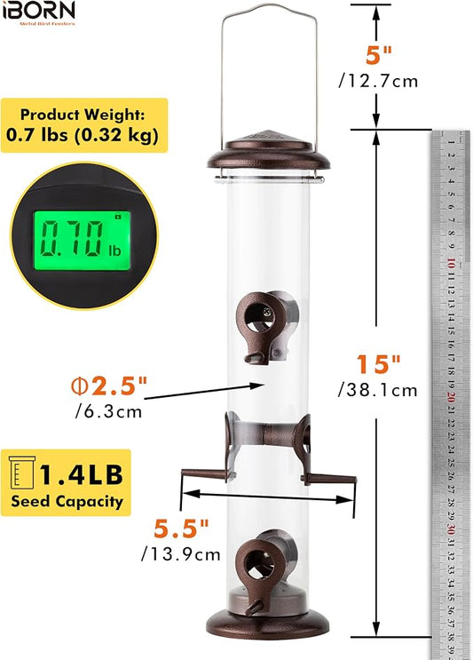 iBorn Metal Bird Feeder Hanging Wild Bird Seed Feeder for Mix Seed Blends Heavy Duty All Metal Coffee Finish,15 Inch 6 Port,Pack of 2