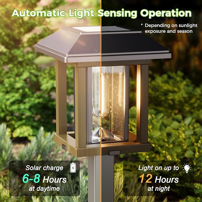 XMCOSY+ 4-Pack Solar Pathway Lights Outdoor, 25 Lumens Vintage Edison LED Landscape Lighting, IP65 Waterproof Seeded Glass & Metal Stakes Solar Powered Garden Lights for Yard Patio Walkway Driveway