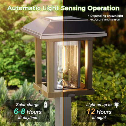 XMCOSY+ 4-Pack Solar Pathway Lights Outdoor, 25 Lumens Vintage Edison LED Landscape Lighting, IP65 Waterproof Seeded Glass & Metal Stakes Solar Powered Garden Lights for Yard Patio Walkway Driveway