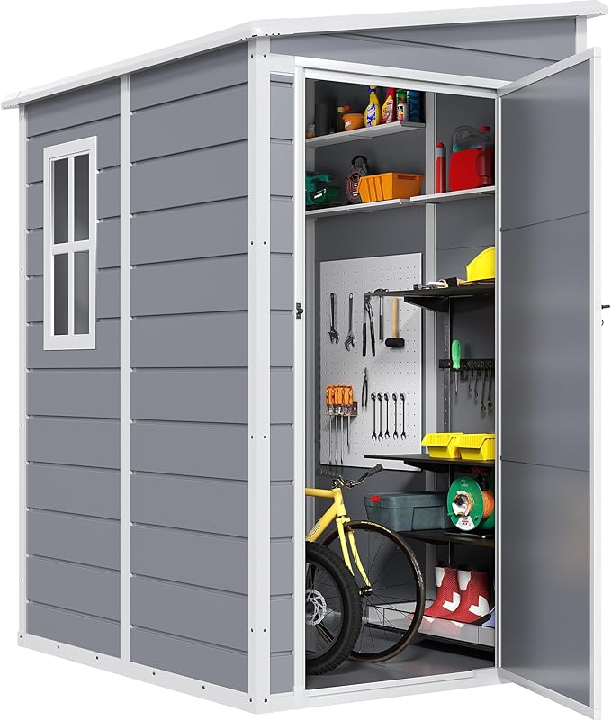 DWVO 5x4 FT Resin Storage Shed with Floor, All-Weather Outdoor Storage Shed with Lockable Door & Window, Waterproof Plastic Tool Shed for Garden, Backyard, Patio, Lawn, Gray