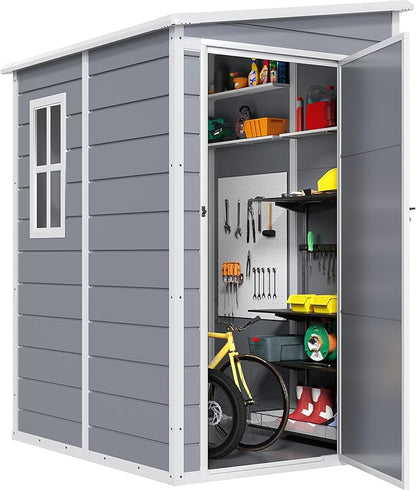 DWVO 5x4 FT Resin Storage Shed with Floor, All-Weather Outdoor Storage Shed with Lockable Door & Window, Waterproof Plastic Tool Shed for Garden, Backyard, Patio, Lawn, Gray