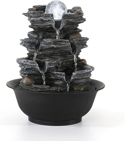 Dyna-Living Tabletop Water Fountain Indoor Waterfalls Fountains with White LED Light Decorative Feng Shui Tabletop Fountain with Quiet Pump and Spinning Ball, Desktop Waterfall Fountain for Home Decor