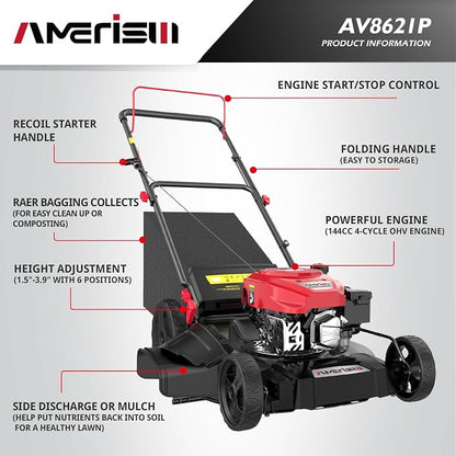 AMERISUN Gas Lawn Mower, 21" with 144cc 4-Cycle OHV Engine 3-in-1 Walk-Behind Push Lawn Mower (AV8621P1)